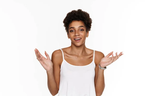 Young Black Woman Tank Top Smiling Gesturing Camera Isolated White — Φωτογραφία Αρχείου