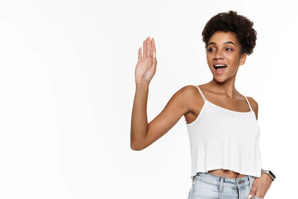 Young Black Woman Tank Top Smiling Gesturing Camera Isolated White — Stock Fotó