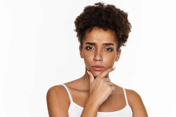 Young Black Woman Tank Top Frowning Looking Camera Isolated White — 图库照片