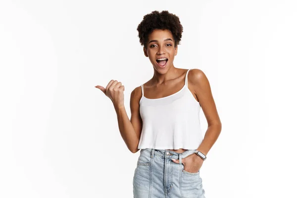 Young Black Woman Tank Top Laughing Pointing Finger Aside Isolated — Fotografia de Stock