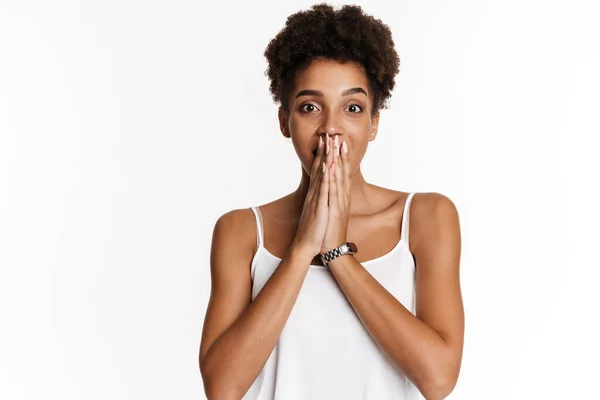 Young Black Woman Tank Top Expressing Surprise Camera Isolated White — ストック写真