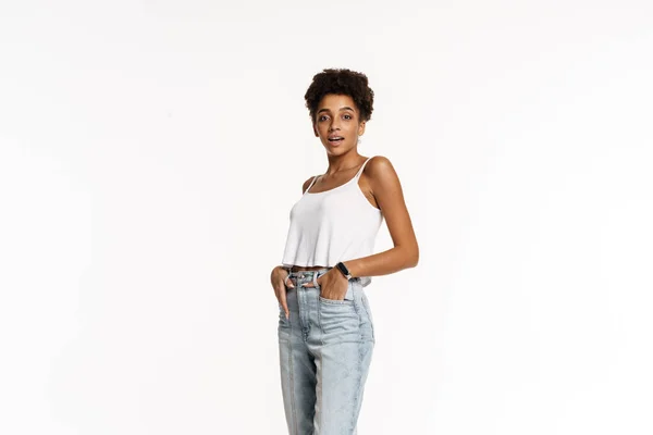 Young Black Woman Tank Top Posing Looking Camera Isolated White — Stockfoto