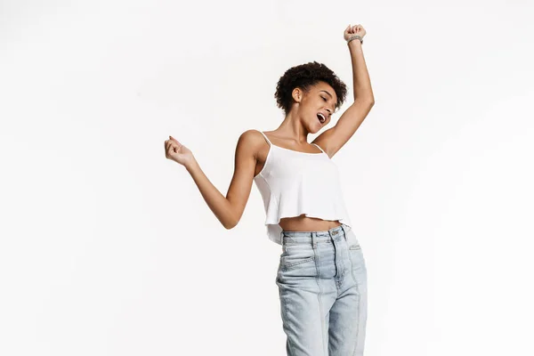 Young Black Woman Tank Top Screaming Making Winner Gesture Isolated — Stockfoto