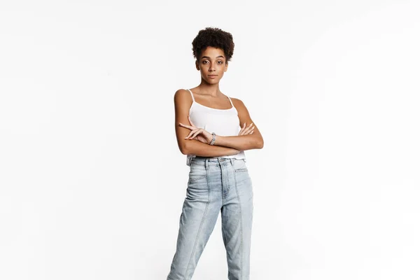 Young Black Woman Tank Top Posing Looking Camera Isolated White — Stockfoto