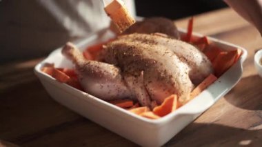 Mutfaktaki fırında pişirmek için kadın eli, tuzlu ve biberli tavuğun yakın çekimi.