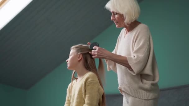 Confident Grandmother Combing Her Granddaughter Hair Home — стоковое видео