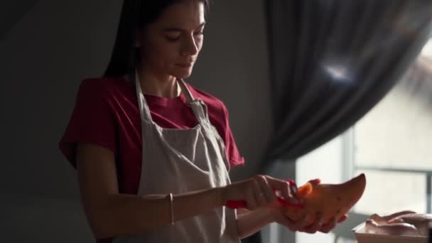 Confident Woman Peeling Potatoes Kitchen — Wideo stockowe