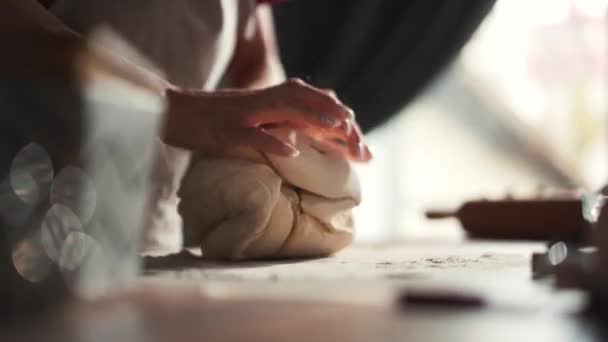 Female Hands Kneading Dough Table Kitchen — ストック動画