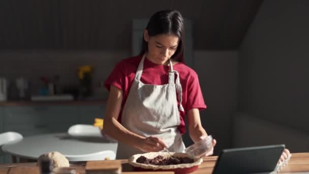 Serious Woman Putting Chocolate Mass Dough Baking Sheet Kitchen — Stockvideo