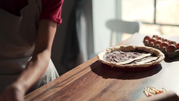 Woman Putting Strips Dough Pie Kitchen — стоковое видео