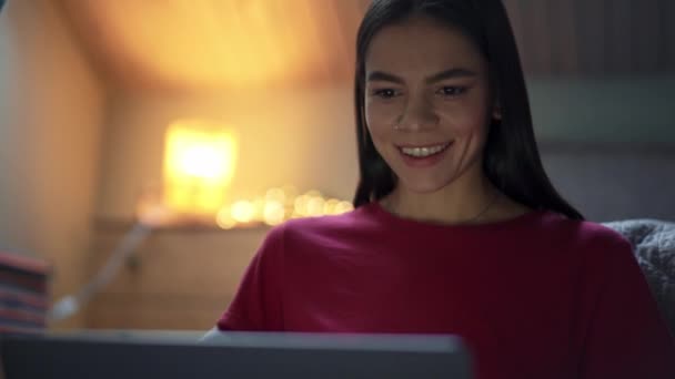 Smiling Woman Talking Video Call Laptop Home — стоковое видео