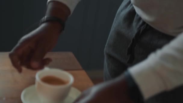 African Man Preparing Breakfast Coffee Croissant Home — 비디오