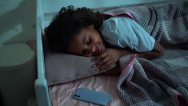 Handsome African Young Girl Sleeping Bed Home — Vídeo de stock