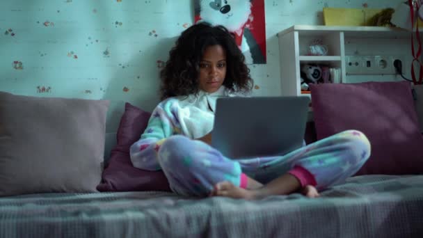 Confident African Young Girl Texting Laptop Night — Video