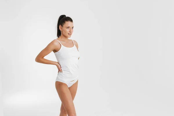 European Woman Wearing Underwear Posing Looking Aside Isolated White Background — Stockfoto