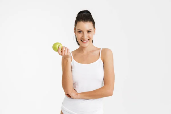 European Woman Wearing Underwear Smiling While Posing Apple Isolated White — Stockfoto