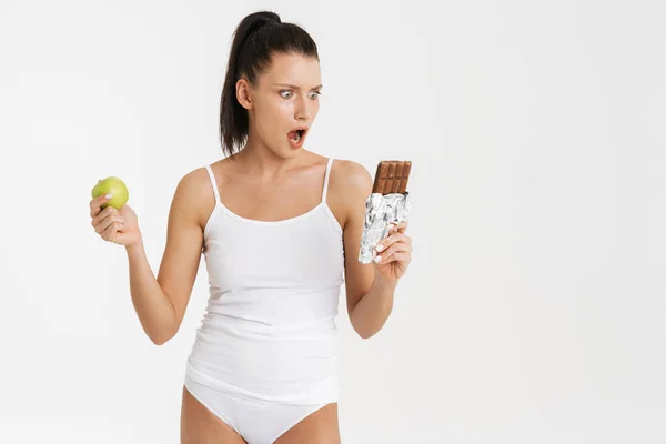 European Woman Wearing Underwear Posing Chocolate Apple Isolated White Background — Stockfoto