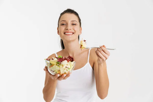 European Woman Wearing Underwear Smiling While Eating Salad Isolated White — Stock Photo, Image