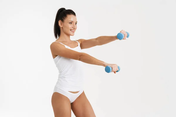 European Woman Wearing Underwear Doing Exercise Dumbbells Isolated White Background — ストック写真