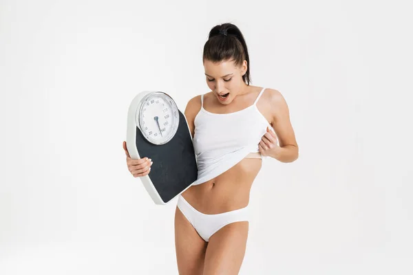 European Woman Wearing Underwear Posing Bathroom Scales Isolated White Background — Stock Fotó