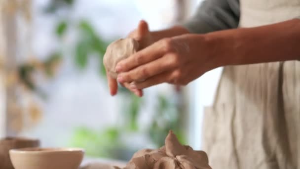 Mãos Femininas Esculpir Uma Tigela Argila Casa — Vídeo de Stock