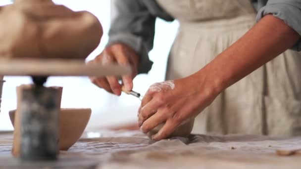 Woman Potter Cutting Bowl Clay Home — Stock Video