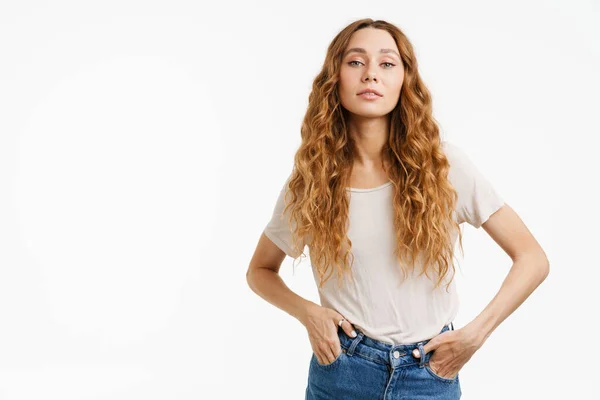 Young Ginger Woman Wearing Shirt Posing Looking Camera Isolated White — Stock Photo, Image