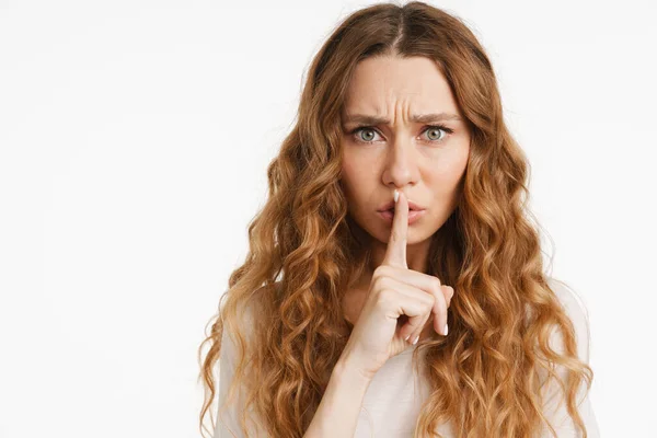 Young Ginger Woman Wearing Shirt Showing Silence Gesture Isolated White — Stock Photo, Image