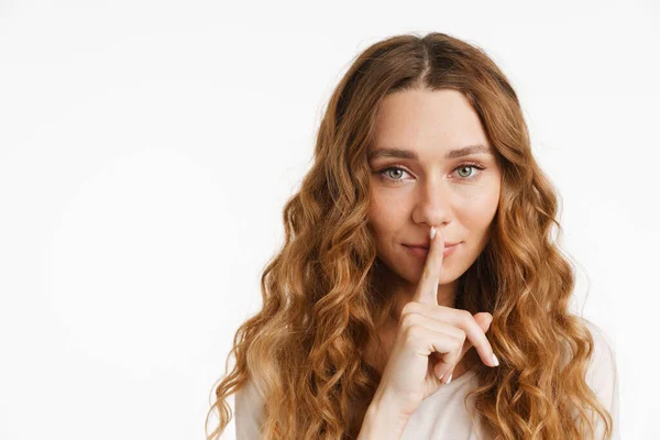 Young Ginger Woman Wearing Shirt Showing Silence Gesture Isolated White — Stock Photo, Image