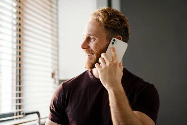 Handsome Young Man Using Mobile Phone Kitchen — Stock Photo, Image