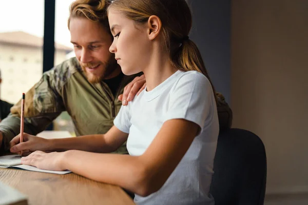 Masculine Happy Military Man Doing Homework Her Daughter Home — Stock Photo, Image