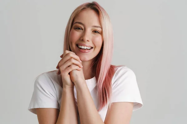 Mujer Joven Con Pelo Rosa Sonriendo Mirando Cámara Aislada Sobre —  Fotos de Stock