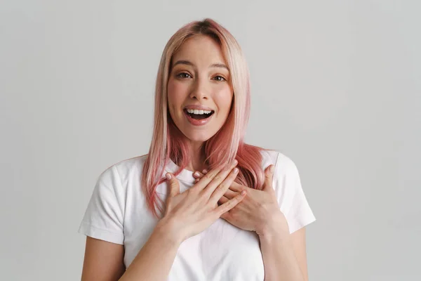 Young Woman Pink Hair Smiling While Holding Hands Her Chest — ストック写真