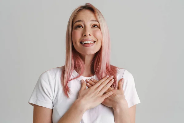 Young Woman Pink Hair Smiling While Holding Hands Her Chest — ストック写真