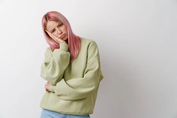 Young Sad Woman Looking Camera While Propping Her Head Isolated — Stock Photo, Image