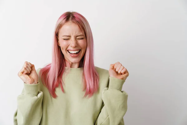 Young White Woman Pink Hair Laughing Clenching Her Fists Isolated — Stock Photo, Image