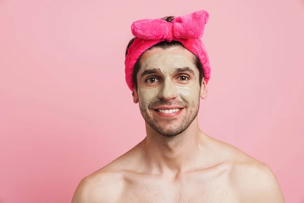 Young Shirtless Man Wearing Headband Smiling Looking Camera Isolated Pink — Stock Photo, Image