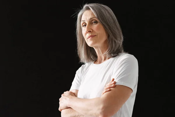 Grey Senior Woman Shirt Posing Looking Camera Isolated Black Background — Stock Photo, Image