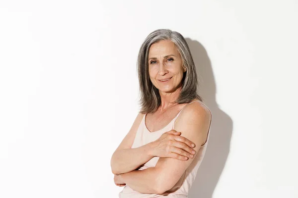 Mature Grey Woman Smiling Looking Camera Isolated White Wall — Stock Photo, Image