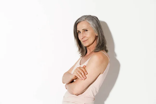 Mature Grey Woman Smiling Looking Camera Isolated White Wall — Stock Photo, Image