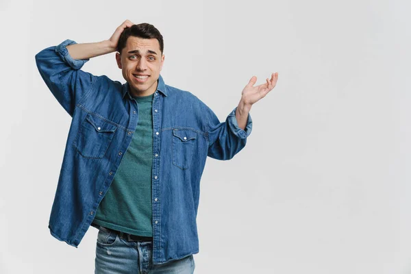 Young Brunette Man Dressed Denim Shirt Gesturing Scratching His Head — Stock Photo, Image