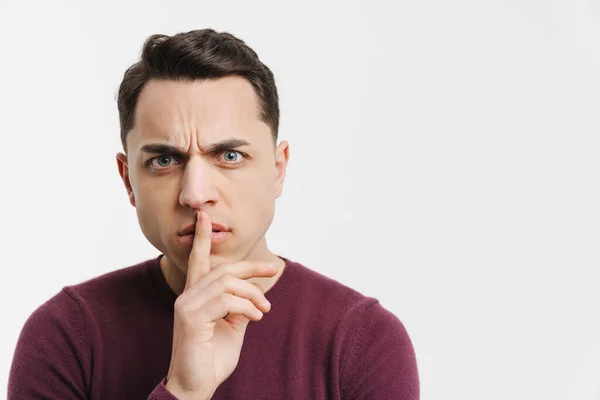 Young White Man Frowning Showing Silence Gesture Camera Isolated White — Stock Photo, Image