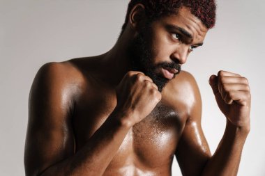 Siyah gömleksiz sakallı sporcu, beyaz arka planda izole edilmiş yumruklarıyla poz veriyor.