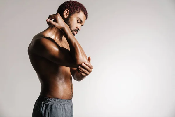 Black Shirtless Bearded Man Posing Touching His Elbow Isolated White — Stock Photo, Image
