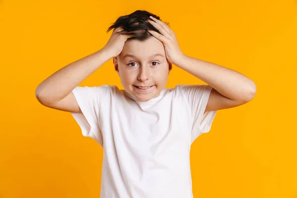 Confused Preteen Boy Shirt Standing Yellow Background Gesturing — Stock Photo, Image