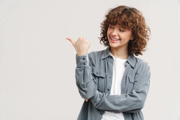 Young Ginger Woman Shirt Smiling Pointing Finger Aside Isolated White — Stock Photo, Image