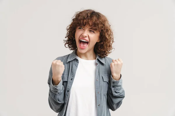 Young Ginger Excited Woman Screaming Making Winner Gesture Isolated White — Stock Photo, Image