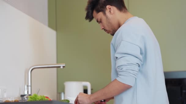 Serieuze Indiase Man Draagt Sweatshirt Koken Salade Thuis — Stockvideo