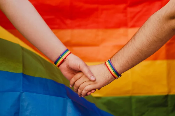 White Gay Couple Holding Hands Rainbow Colorful Flag Background — Foto de Stock