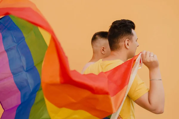 Joven Gay Pareja Holding Arco Iris Bandera Mientras Pie Sobre — Foto de Stock